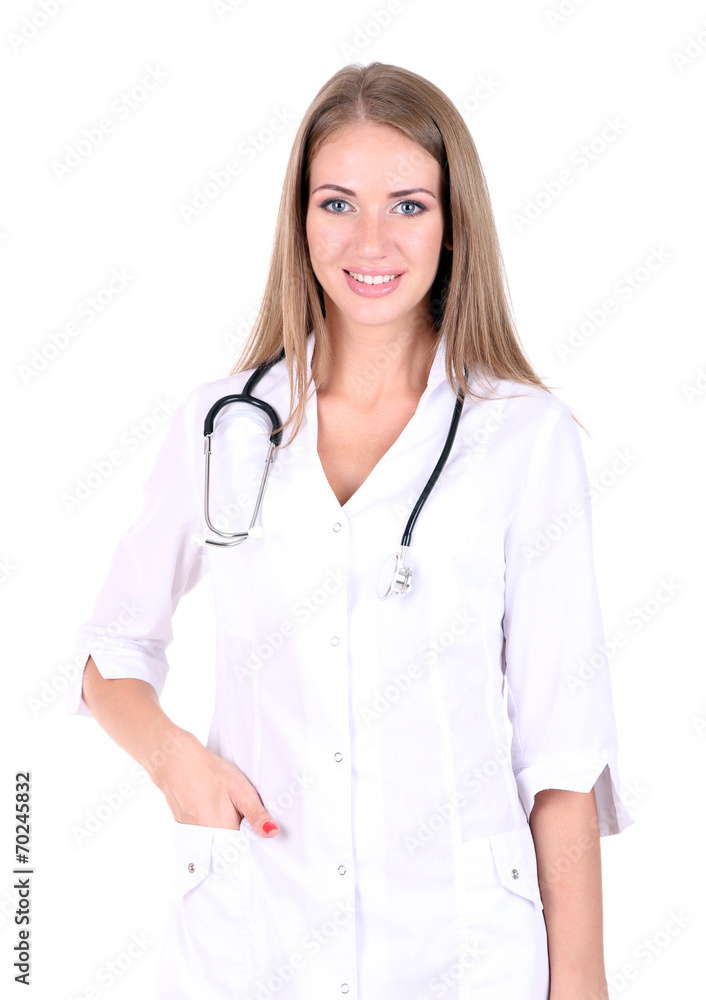 Young beautiful doctor holding folder isolated on white Young beautiful doctor holding folder isolated on white