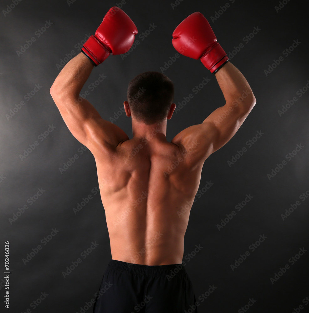 Handsome young muscular sportsman with boxing gloves Handsome young muscular sportsman with boxing gloves