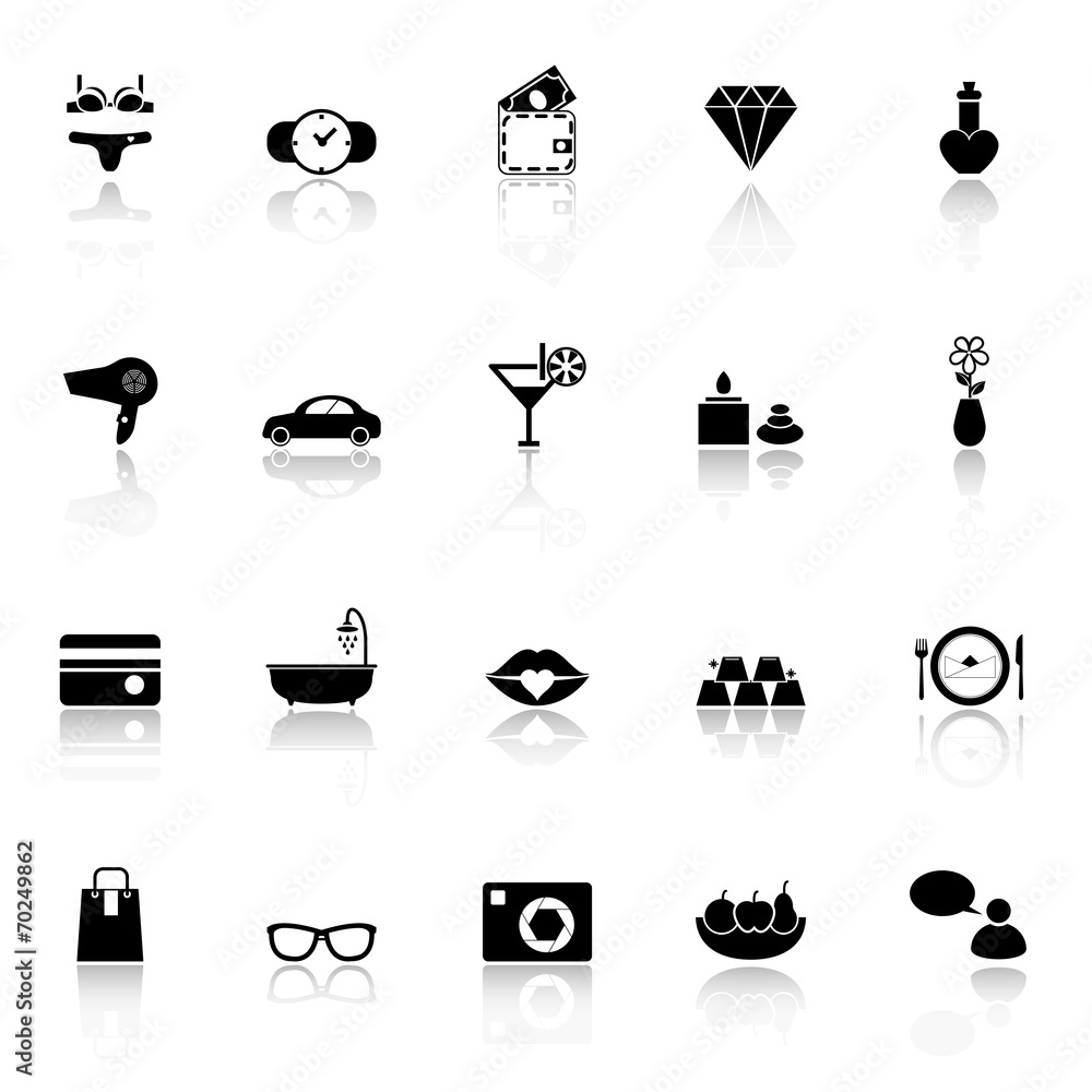Lady related item icons with reflect on white background Lady related item icons with reflect on white background