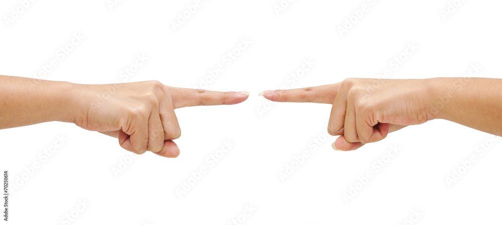 Two hand pointing sign isolated on white background