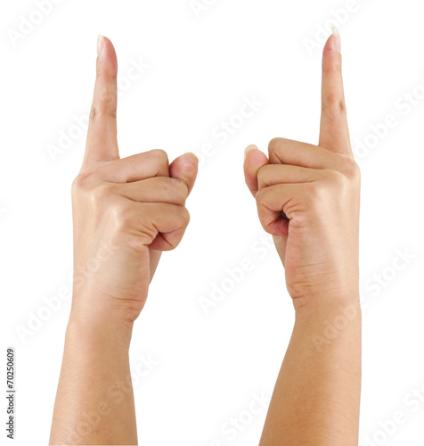 Two hand pointing sign isolated on white background