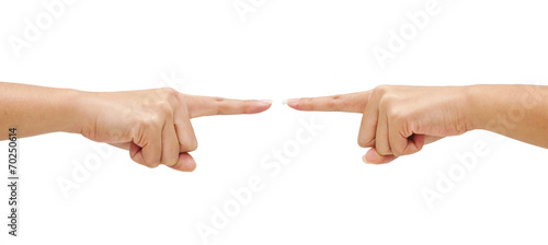 Two hand pointing sign isolated on white background
