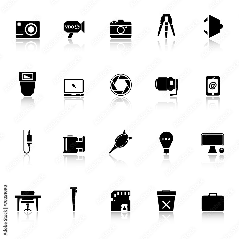 Photography related item icons with reflect on white background Photography related item icons with reflect on white background
