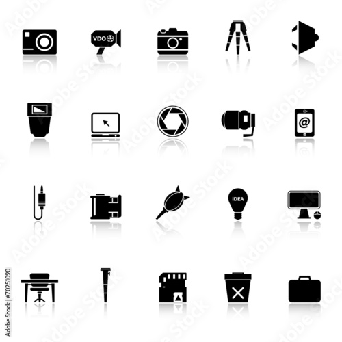 Photography related item icons with reflect on white background