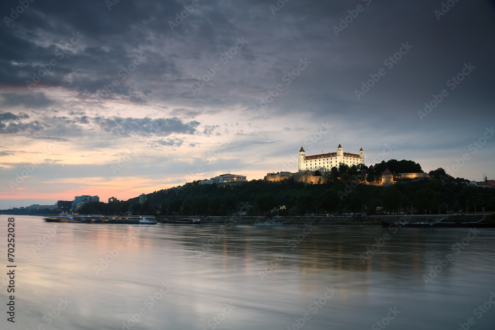 Bratislava castle and river Danube at sunset, Slovakia.
