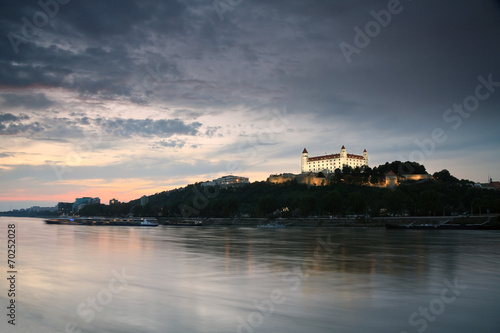Bratislava castle and river Danube at sunset, Slovakia.