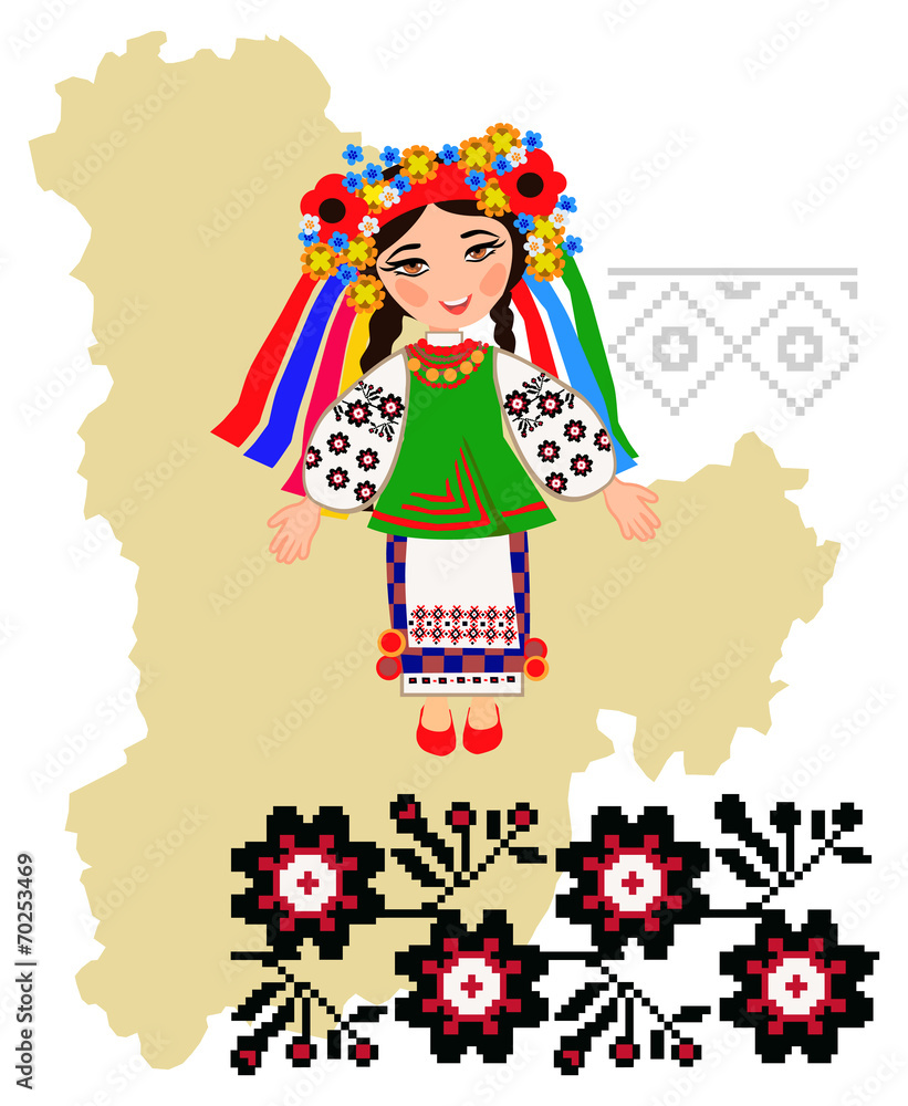 Girl in folk costume of the Kiev region in the map background re