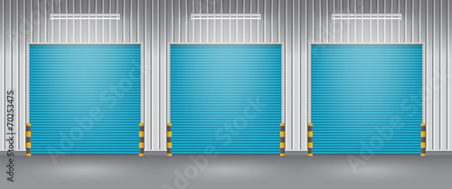 Roller door or roller shutter. Also called security door or security shutter. For protect residential, commercial and industrial building i.e. house, factory, warehouse, hangar. Vector illustration.