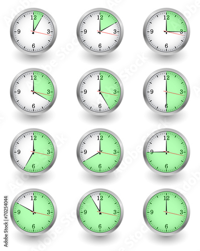 Twelve clocks showing different time on white
