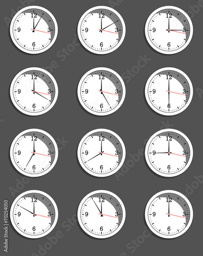 clocks showing different time. Vector