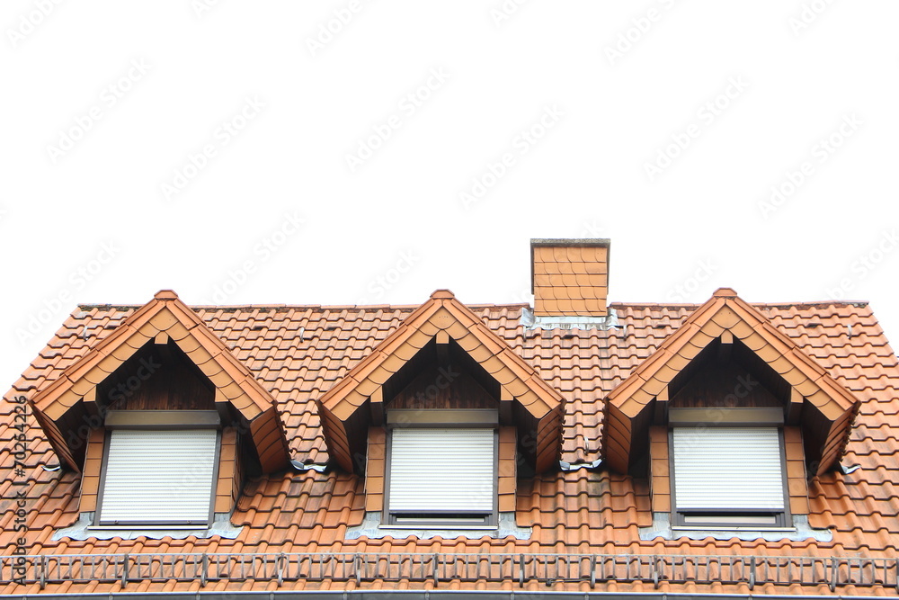 Drei Gauben nebeneinander in einem roten Dach