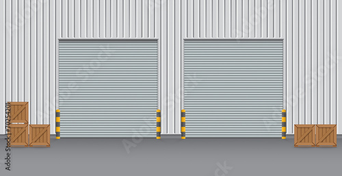 Roller door or roller shutter. Also called security door or security shutter. For protect residential, commercial and industrial building i.e. house, factory, warehouse, hangar. Vector illustration.