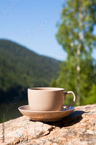 Cup on big stone over nature background