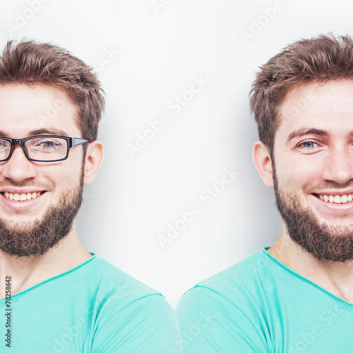 Smiling man with eyesight problems. Glasses vs contact lenses co