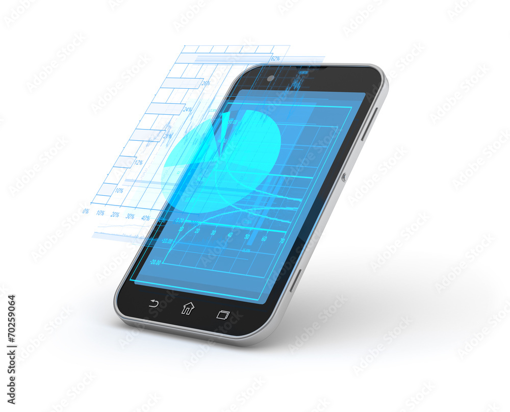 Mobile phone and holographic charts and diagrams. Mobile phone and holographic charts and diagrams.