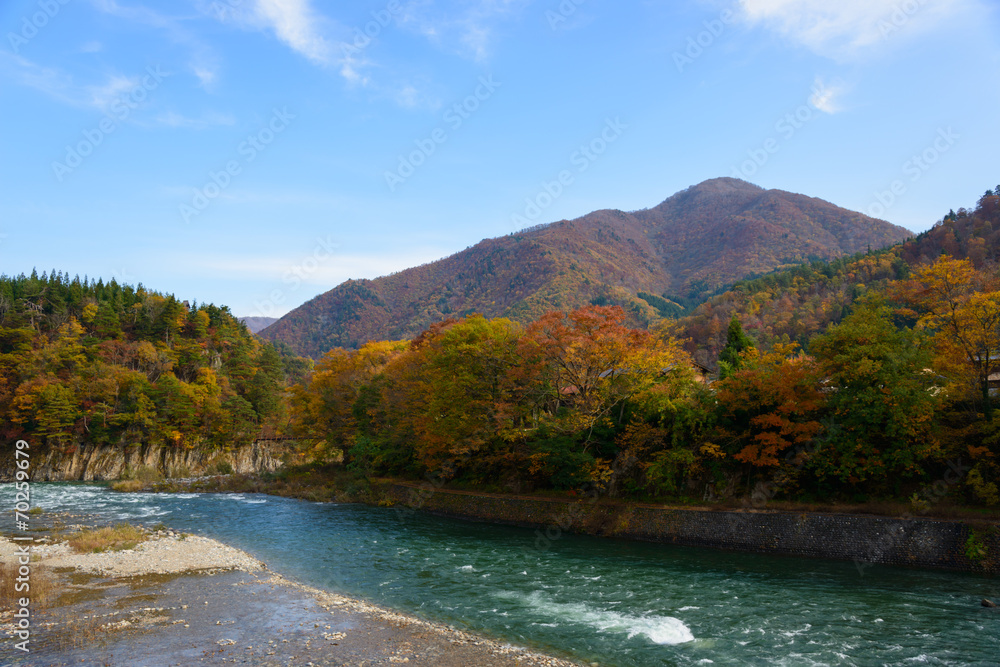Historic Village of Shirakawa-go in autumn, Landscape along Shok Historic Village of Shirakawa-go in autumn, Landscape along Shok