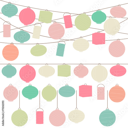 Vector Set of Pastel Colored Holiday Paper Lanterns and Lights