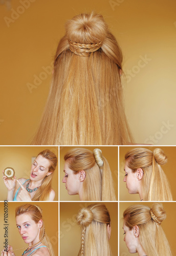 Hairstyle tutorial. Braided bun with chignon