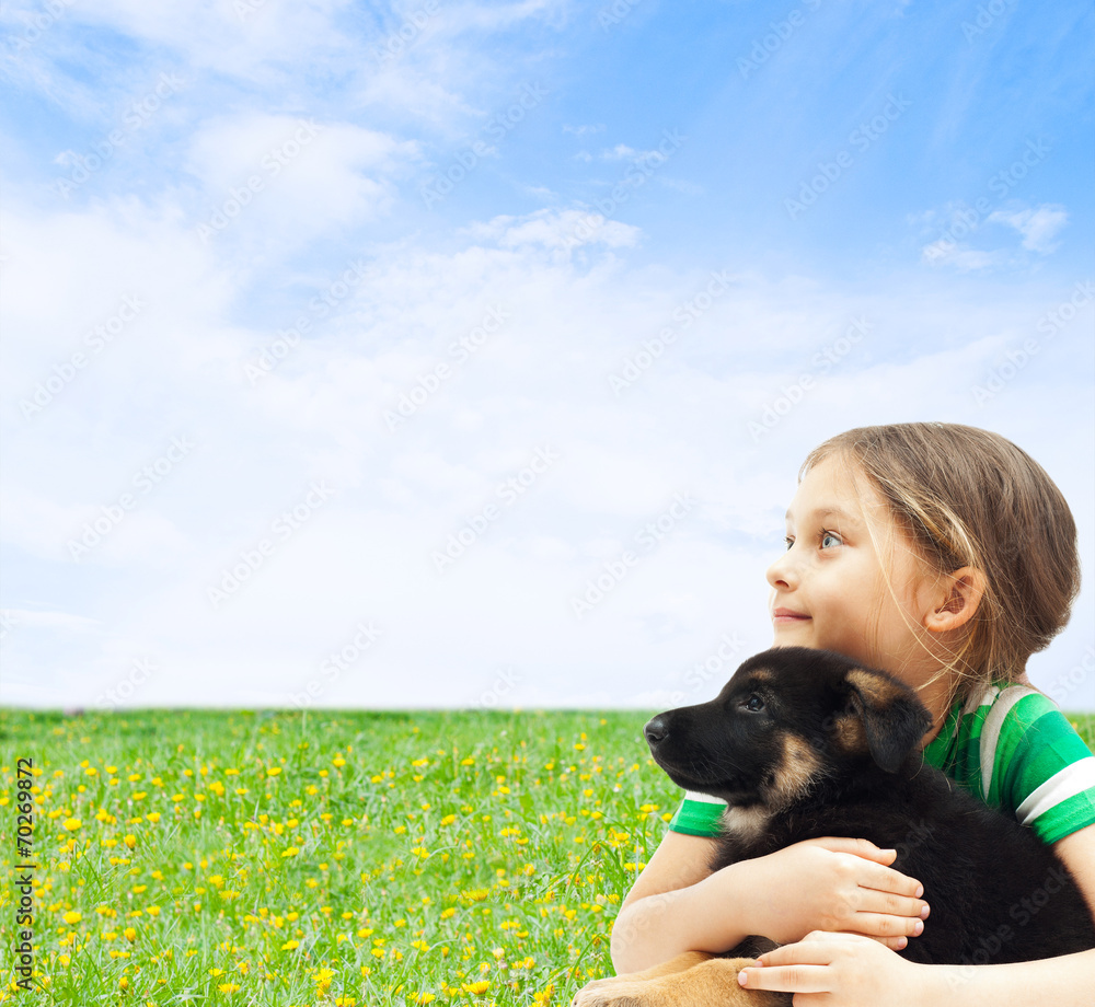 kid with his dog on a background of blue sky and green grass kid with his dog on a background of blue sky and green grass