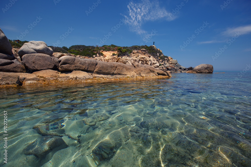 Rocks at Cala Sinzias beach and sea view, Sardinia