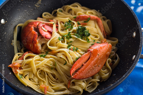 Pasta with american Lobster in pan