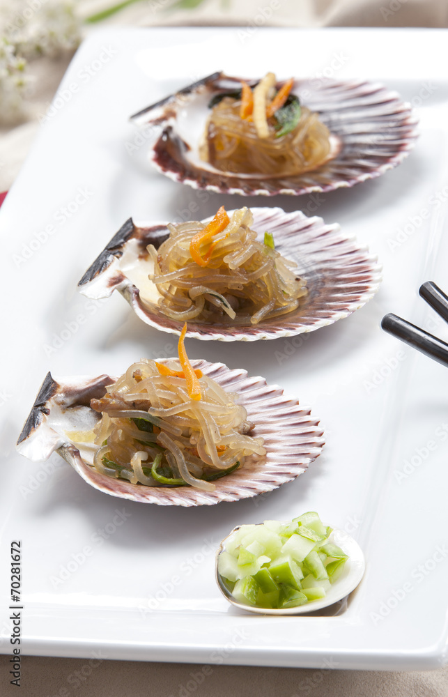 Korean Chop Chae on a shell. Korean Chop Chae on a shell.