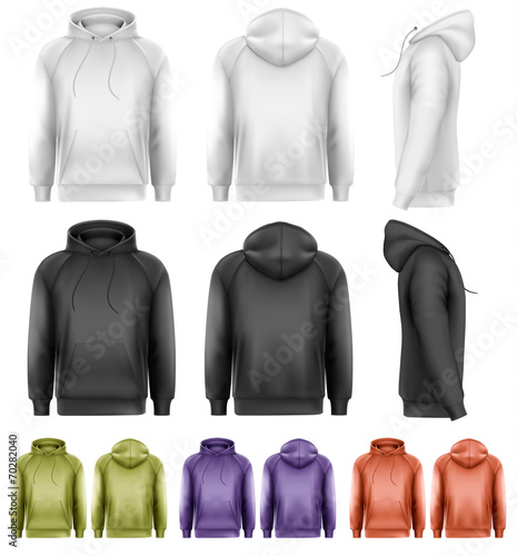 Set of different colored male hoodies. Vector.