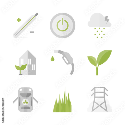 Green power and energy flat icons set