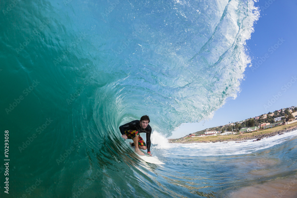 Surfing Inside Crashing Wave - obrazy, fototapety, plakaty 