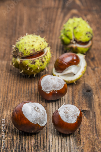 chestnuts on an old table - autumnal still life