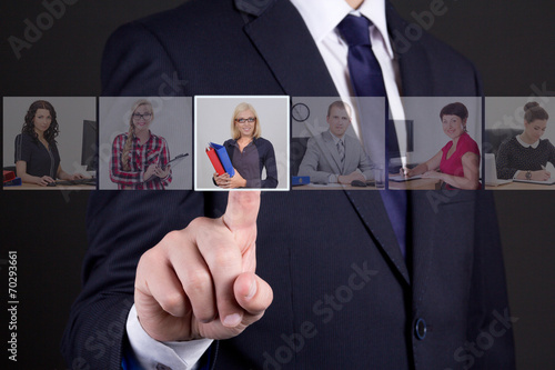 job search concept - businessman pressing an imaginary buttons w photo