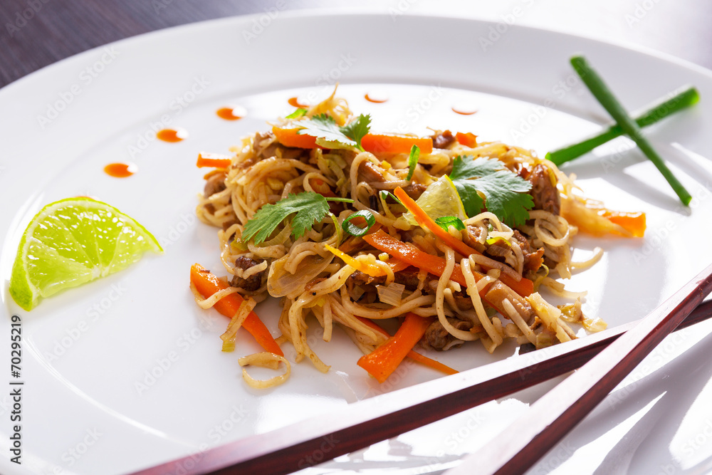 Chinese dish - chow mein noodles with duck and vegetables Chinese dish - chow mein noodles with duck and vegetables