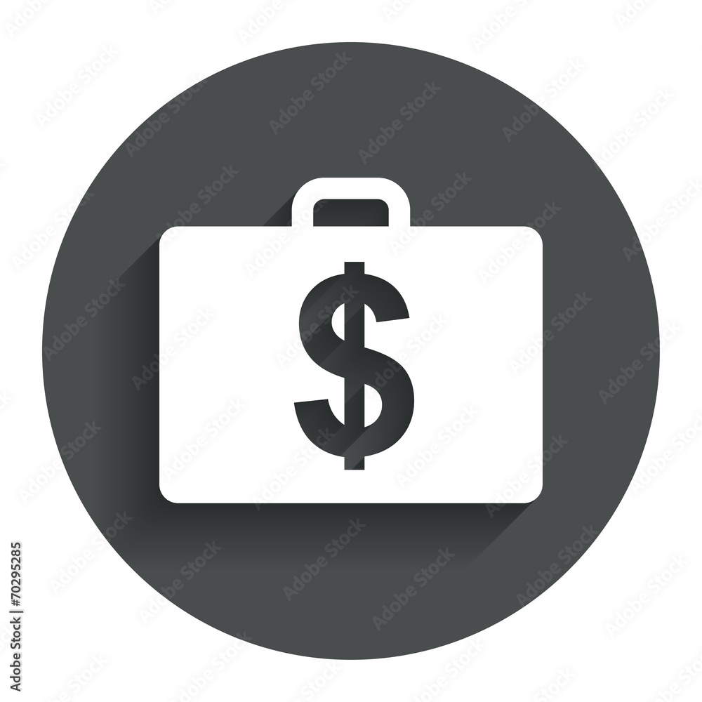 Case with Dollars USD sign. Briefcase button. Case with Dollars USD sign. Briefcase button.