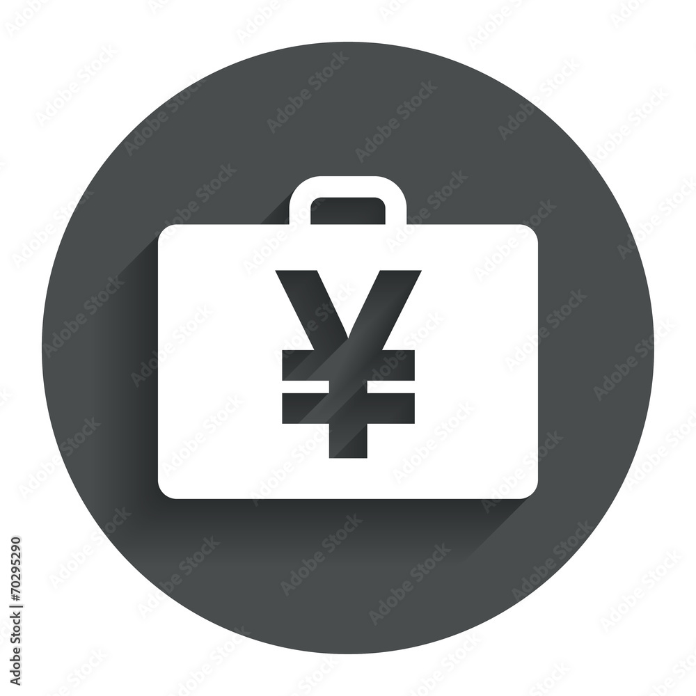 Case with Yen JPY sign. Briefcase button. Case with Yen JPY sign. Briefcase button.