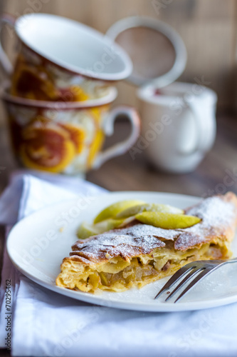 apple strudel on a white plate, cup, .dark background