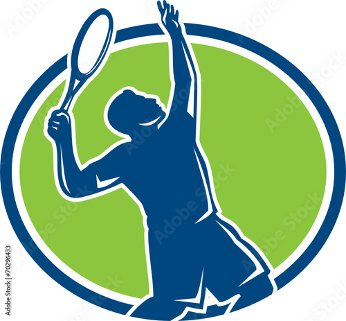 Tennis Player Racquet Serving Oval Retro