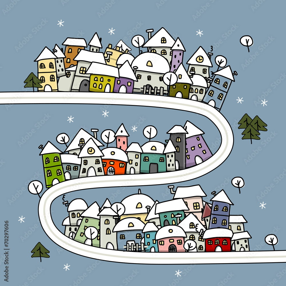 Road and houses, winter cityscape cartoon for your design