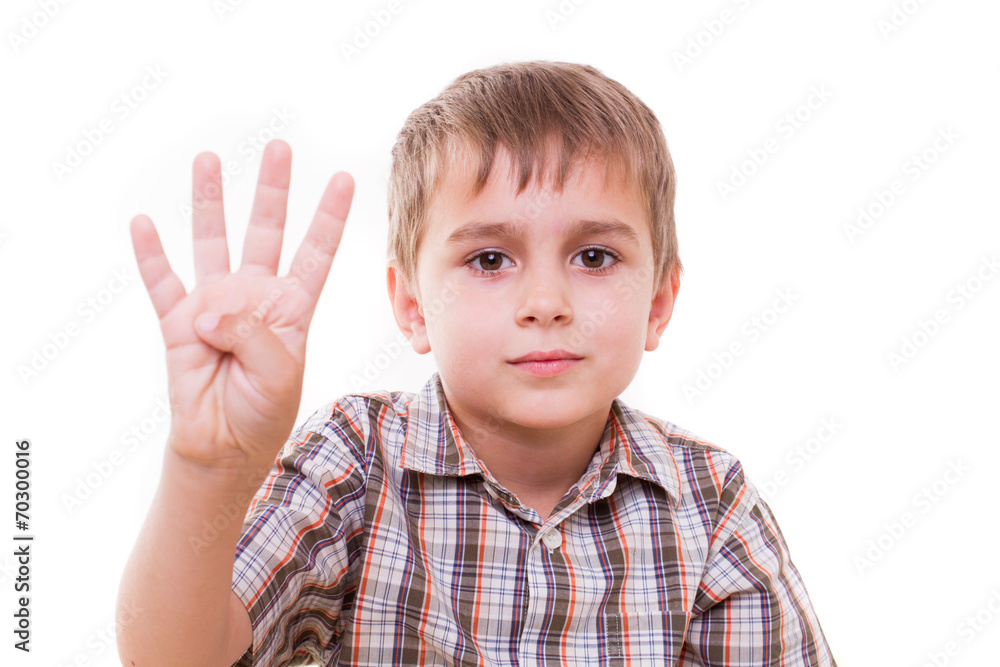 child portrait, schoolboy showing numbers with hand - isolated child portrait, schoolboy showing numbers with hand - isolated