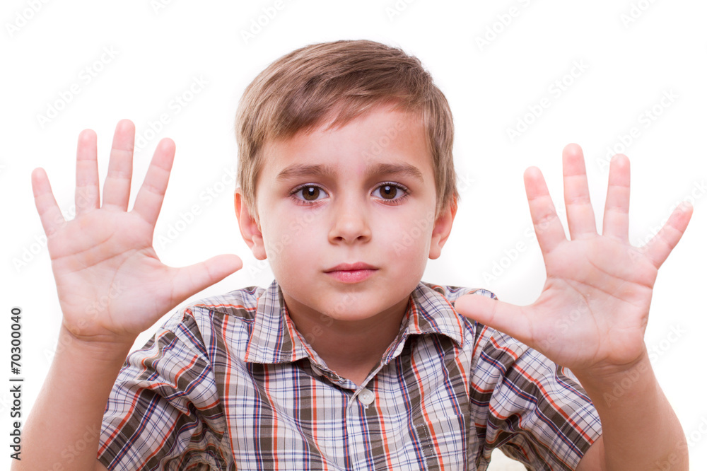 child portrait, schoolboy showing numbers with hand - isolated child portrait, schoolboy showing numbers with hand - isolated