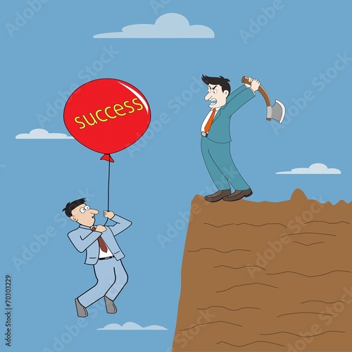 Cartoon Businessman flying away by using red balloon and man hol