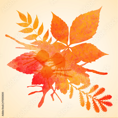 Orange watercolor painted vector autumn foliage background