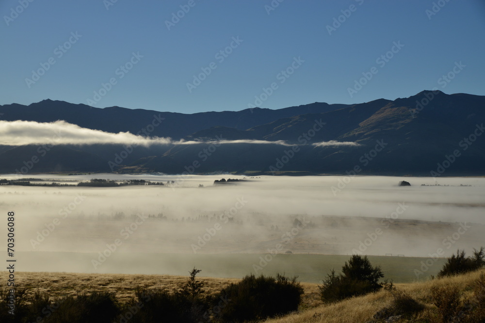 Morning foggy landscape between Wanaka and Hawea, South Island