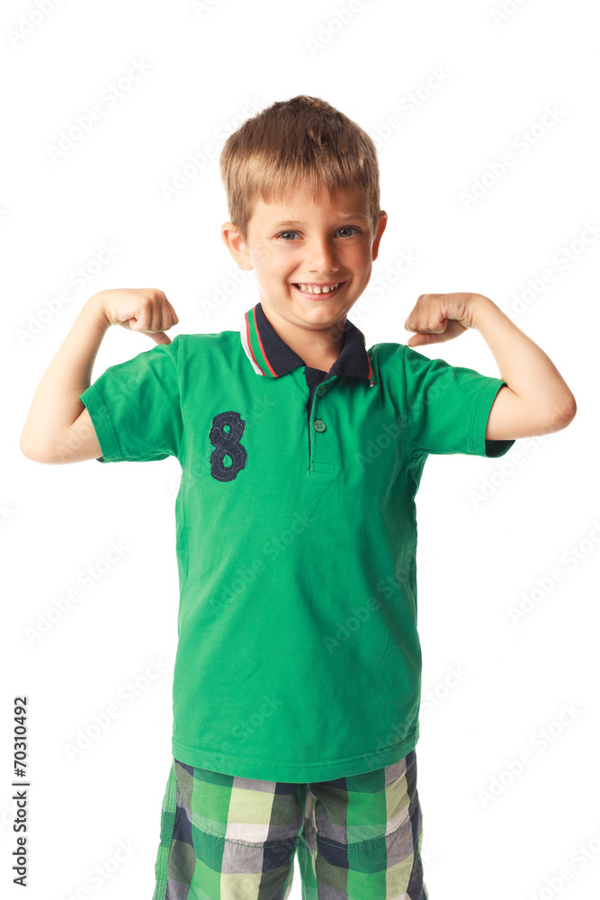 Little boy showing biceps isolated on white Little boy showing biceps isolated on white