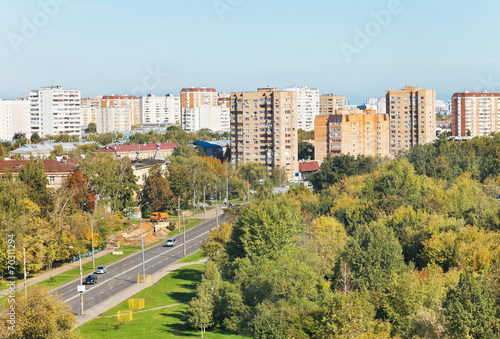 above view of urban street in sunny autumn day