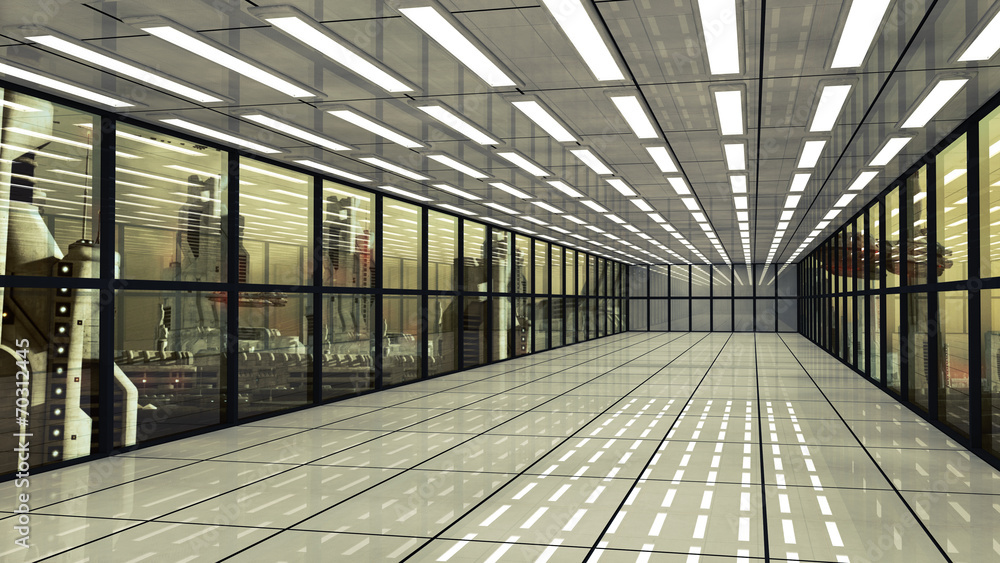 Futuristic corridor interior and city Futuristic corridor interior and city