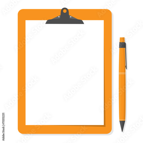 Orange clipboard with white paper and pen put alongside.