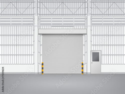 Roller door or roller shutter. Also called security door or security shutter. For protect residential, commercial and industrial building i.e. house, factory, warehouse, hangar. Vector illustration.