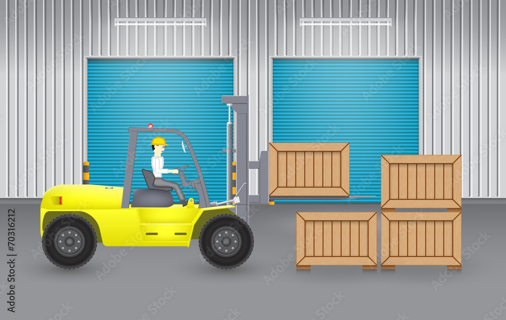 Vector of driver or worker to handling, sorting wooden crate box by forklift for logistic, shipping and delivery. Freight transport and distribution industry. Include warehouse building exterior.
