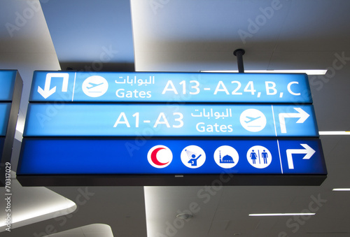 Airport  sign board with icons of gates, rest and praying rooms