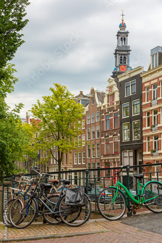 City view of Amsterdam canals and typical houses, Holland, Nethe